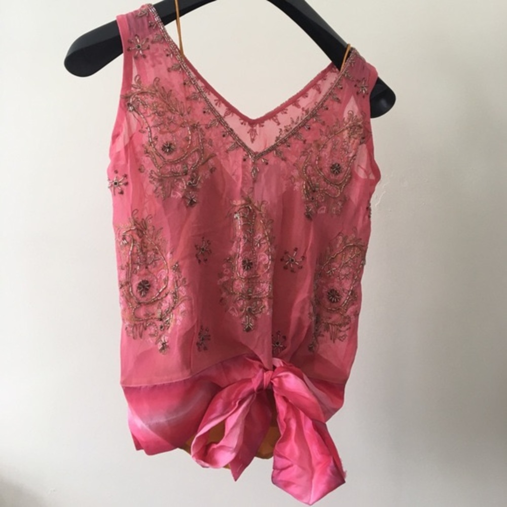 Pink beaded chiffon top w/silk cami by Tracy Reese